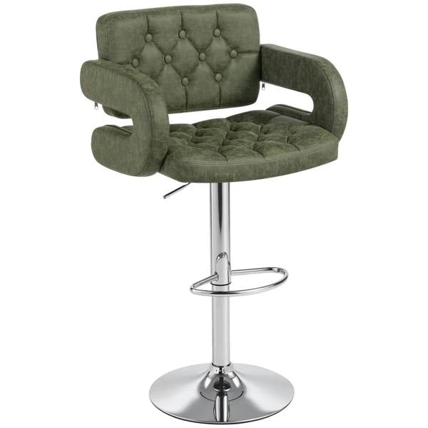 Green PU leather swivel bar stool with back and armrests, tufted cushion, chrome base