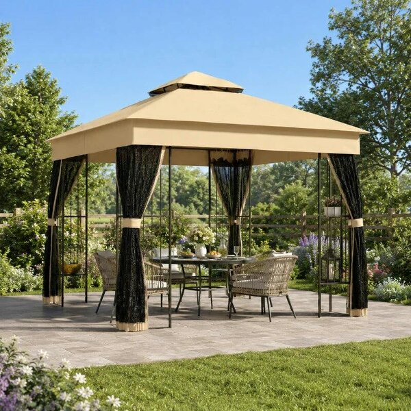 3 x 3 m Outdoor Garden Gazebo with Post Shelves, UPF50+ Double Roof Patio Permanent Pavilion, Brown - Brown