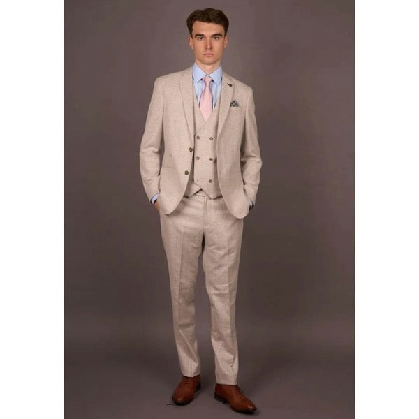 Robert Simon Luis - Men's Cream Plaid Check Slim Fit 3 Piece Suit