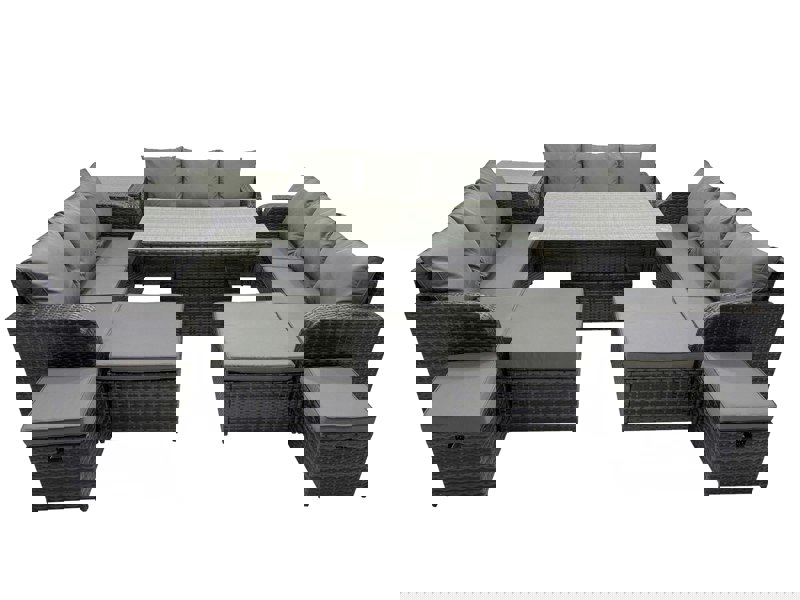 Fimous Rattan Garden Furniture Dining Set 13 seater Patio Height Adjustable Rising Lifting Table Sofa Set with Side Table Dark Grey Mixed