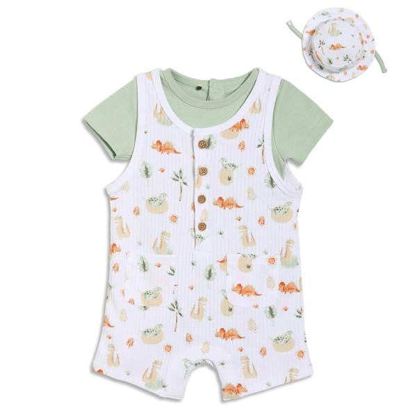 Mini Cuddles Baby Boys Dinosaur Printed Dungaree Set With Matching Cap, Multicolour