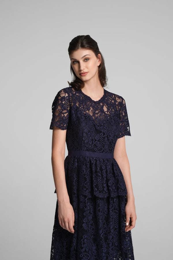 Rumour London Lucia lace midi dress with peplum in navy