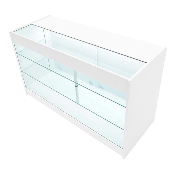 Vega LED Shop Counter Set in white, featuring sleek glass shelves, modern design, and illuminated display for showcasing products