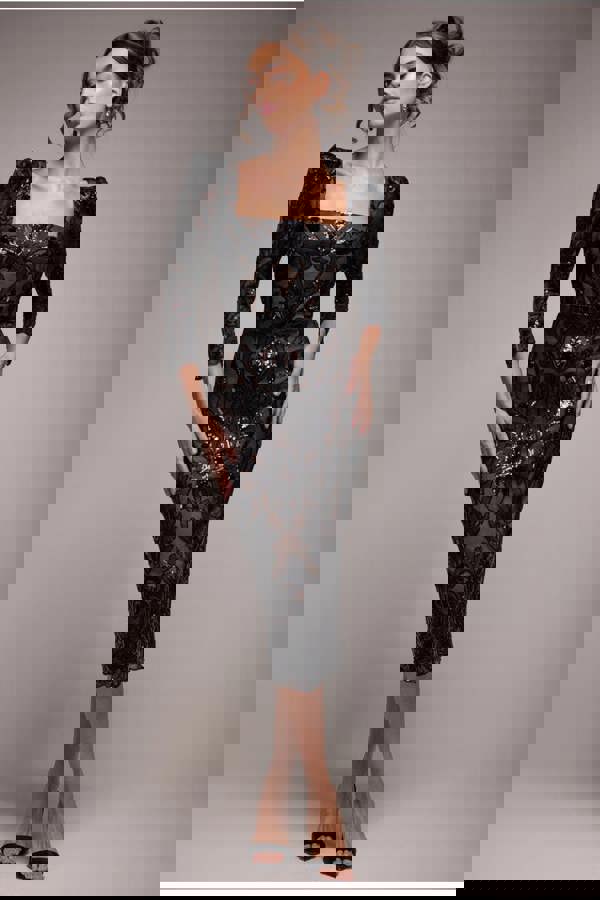 Square Neck Scalloped Embroidered Sequin Midi Dress - Black DR4124