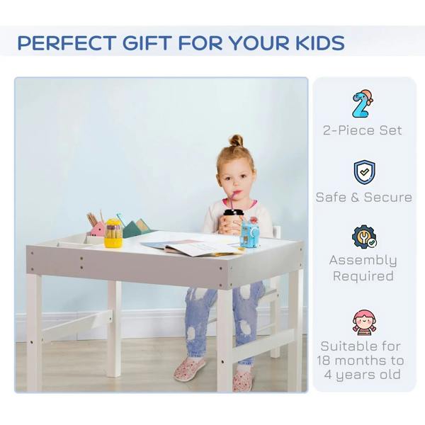 Grey kids table with open storage area and matching chair, suited for young kids