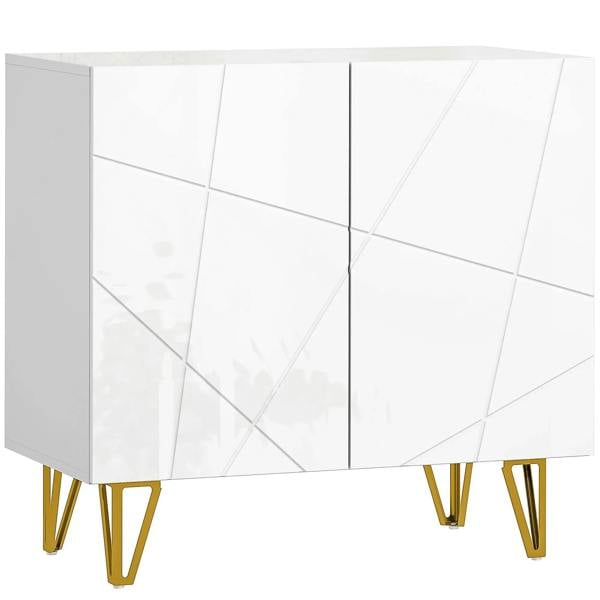 Glossy white sideboard with geometric panels and gold hairpin legs