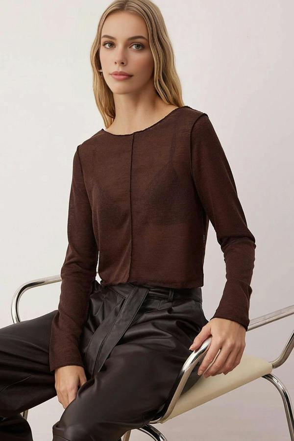 WOVCOR Transparent Ribbed Crop Knit Blouse