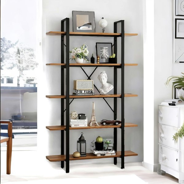 Rafaelo Mobilia Industrial 5 Tier Rustic Brown Bookcase