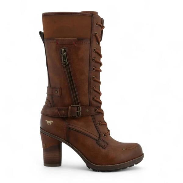 Mustang Women's Brown Mid-Calf Lace Up Heeled Combat Boots