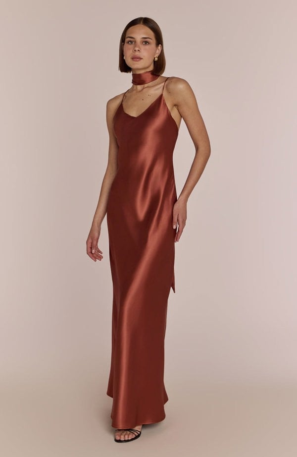 Rewritten London Brooklyn Dress in Terracotta Satin