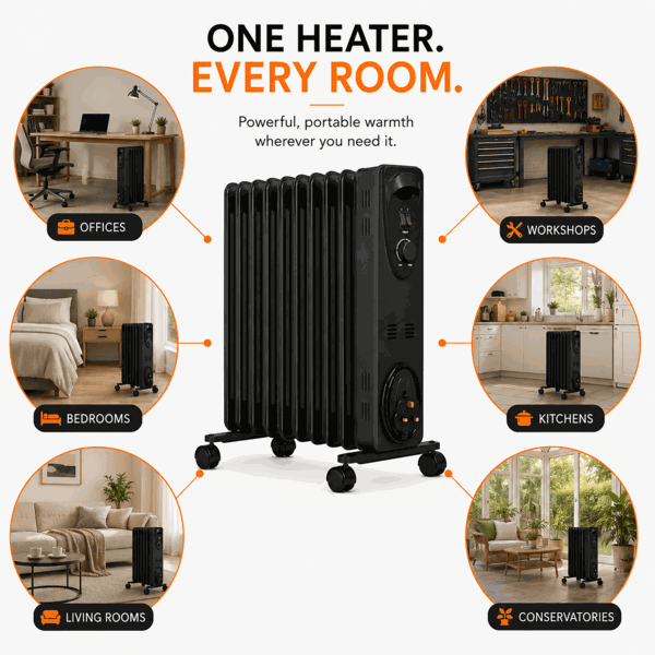 MYLEK Oil Filled Radiator 2500W Portable Heater Thermostat 3 Heat Settings Grey