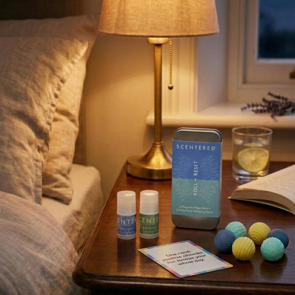 Evening relaxation aromatherapy balm set with Focus and De-Stress mini balms for calming bedtime routines.