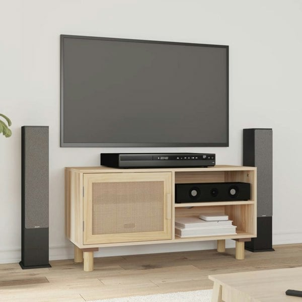 Berkfield TV Cabinet Brown 80x30x40 cm Solid Wood Pine and Natural Rattan