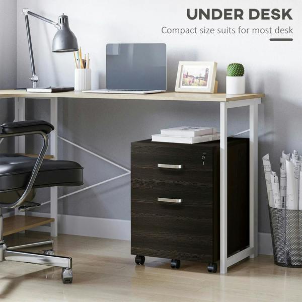 Under-desk rolling filing cabinet with two drawers, dark wood grain and caster wheels