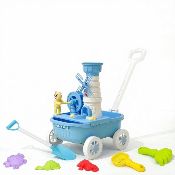 deAO Toys Kids Beach Cart Sand & water Toy Set - Windmill Sand Wheel, Moulds, Shovels & Accessories - Outdoor Summer Play Set - Blue
