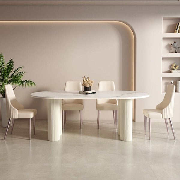 Peru Oval Dining Table, White with dining table with chairs and a bench