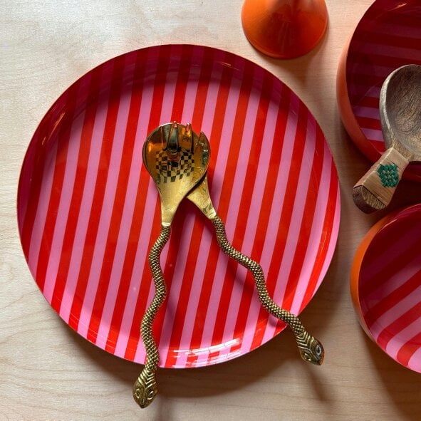 Love Frankie Large Circular Stripy Trays - 5 Colours Available - Large Stripy Plate in Coral and Apricot