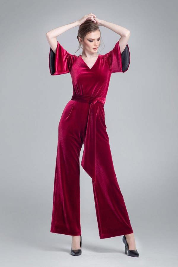 Rumour London Layla velvet jumpsuit with bell sleeves and sash in burgundy