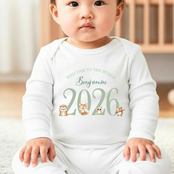 Personalised Woodland Animals 2026 Baby Grow, Vest or Bib with Name