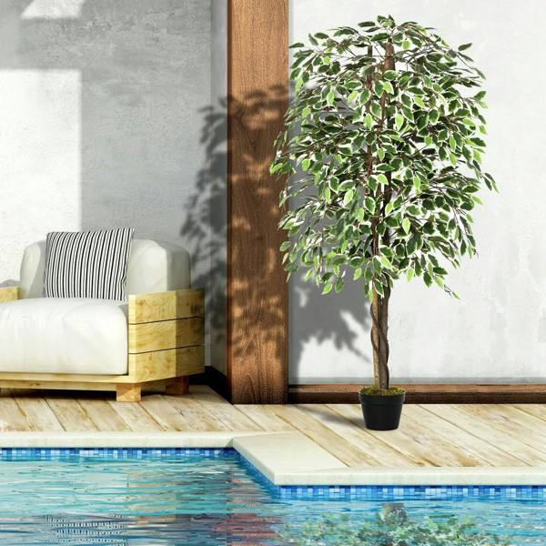 Green artificial potted tree with slender trunk and leafy canopy in black pot
