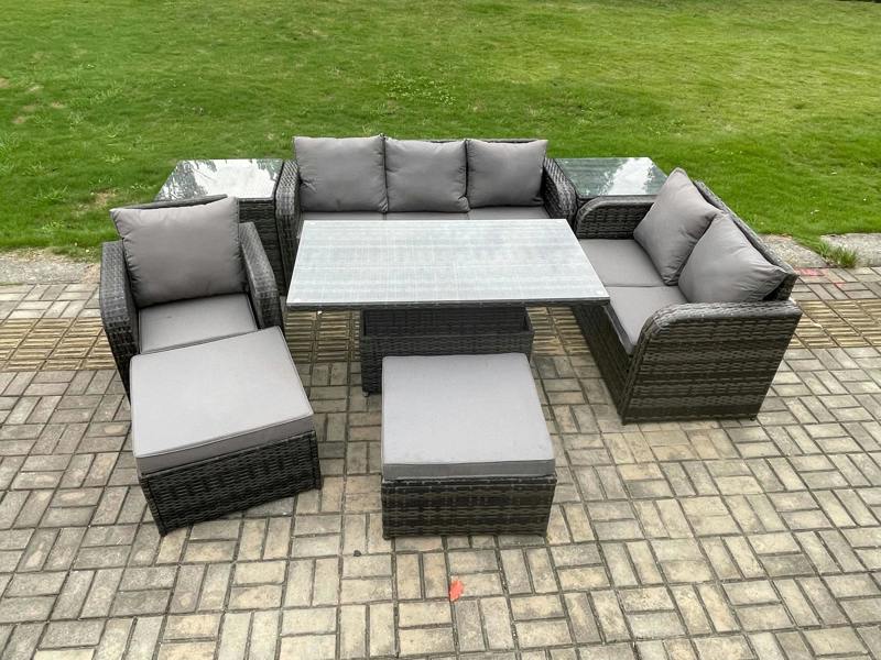 Fimous 8 Seater Rattan Garden Furniture Patio Set, Adjustable Height Dining Table, Love Sofa Chair, 2 Side Tables, 2 Big Footstools, Dark Grey Mixed
