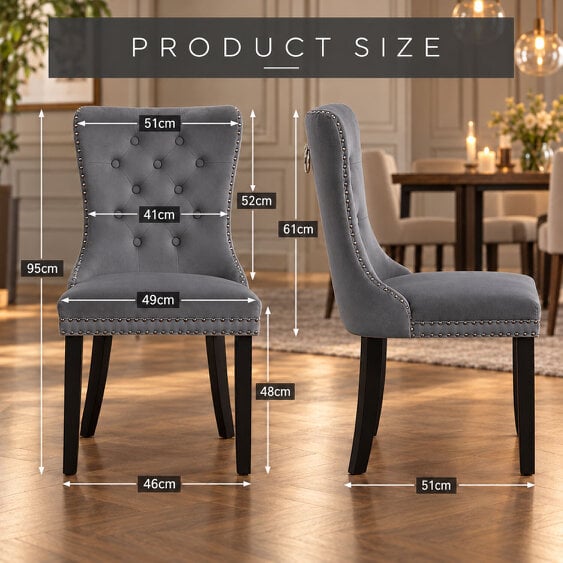 Neo Direct Neo Set of Six Dark Grey Studded Velvet Dining Table Chair with Ring Knocker Detail