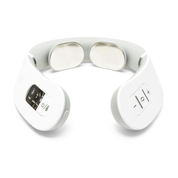 The Neck & Shoulder Massager is a white device with metal contact pads, control buttons, and an LED display, providing soothing heat and electrical muscle stimulation for targeted neck relief.