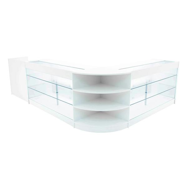 White Astro LED shop counter set featuring sleek glass shelves, modern design, and curved edges for stylish retail display