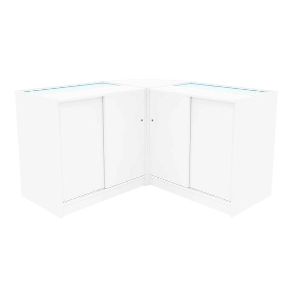 Triton LED shop counter set in white, featuring sleek design, smooth surfaces, and glass display tops for showcasing products