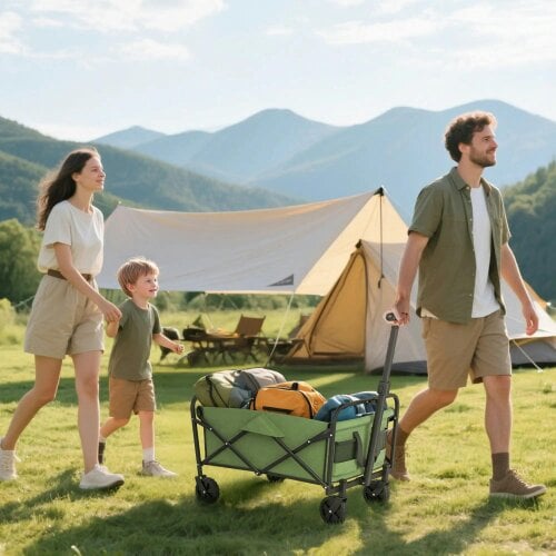 Bobobiy 62L Festival Trolley on Wheels, 120kg Heavy Duty Collapsible Folding Wagon with Adjustable Handle and Carrying Bag for Beach, Green