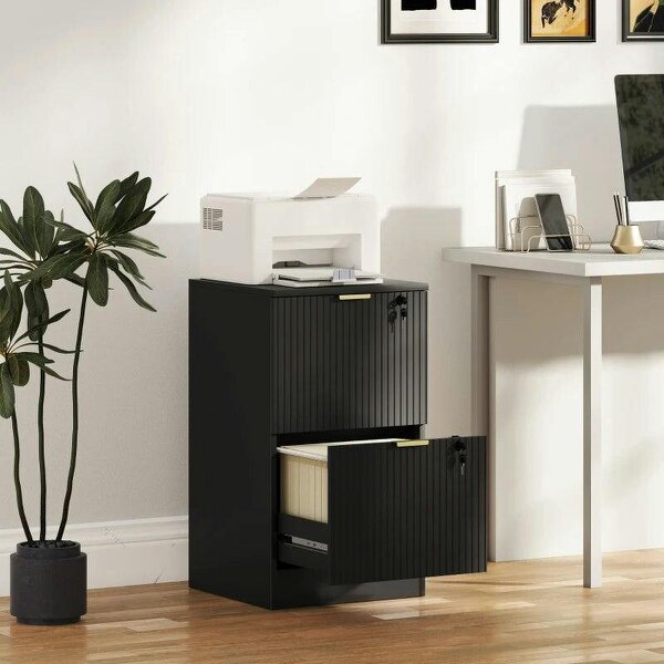 Filing Cabinet, Fluted Vertical File Cabinet with 2 Lockable Drawers and Hanging Rails, Black - Black