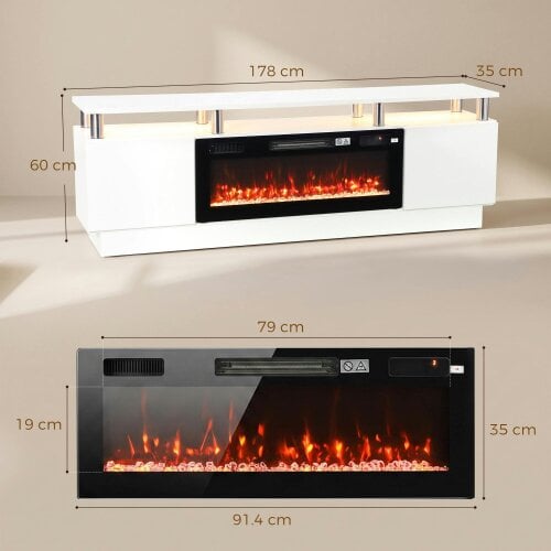 HOMCOM Electric Fireplace TV Stand for 80" TVs, LED Strip, 900/1800W, White