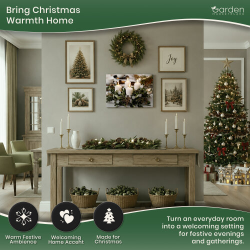 Festive 4 White Candle LED Christmas Canvas Picture Print, Wooden Frame Wall Art with Switch, 40cm x 30cm, Battery Powered Flicker Lights