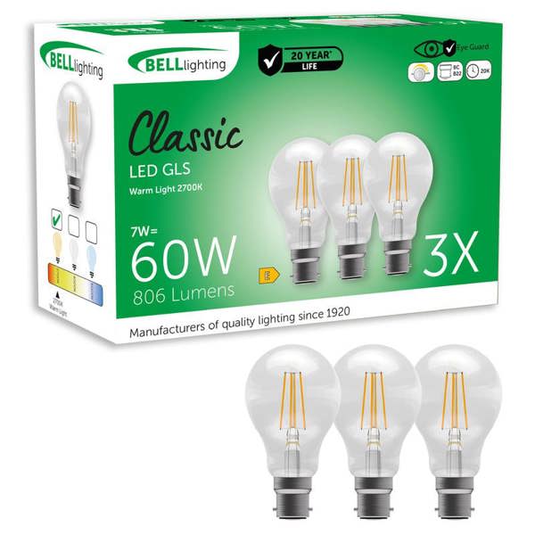 BELL Lighting B22 Bayonet Dimmable LED Filament GLS 7W Light Bulbs