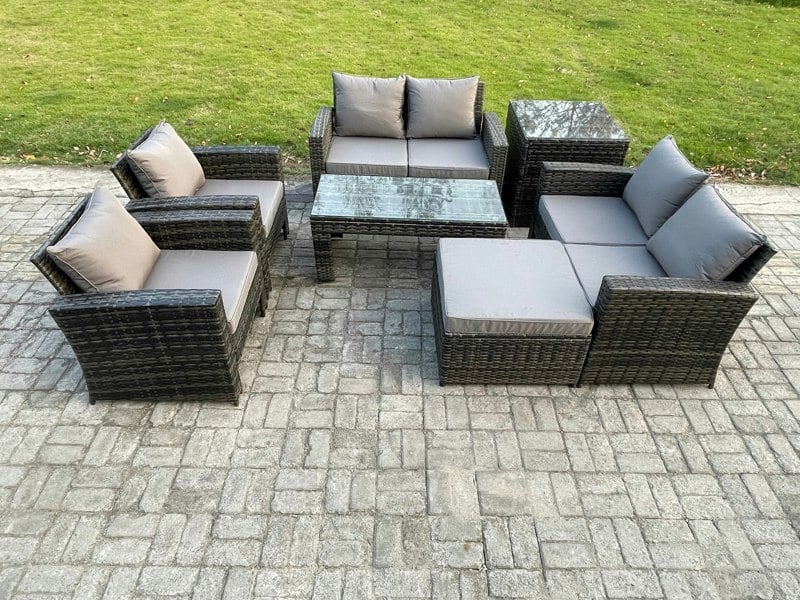 Fimous 7-Seater Dark Grey Mixed High Back Rattan Garden Sofa Set - Outdoor Patio Furniture with Coffee Table & Armchairs