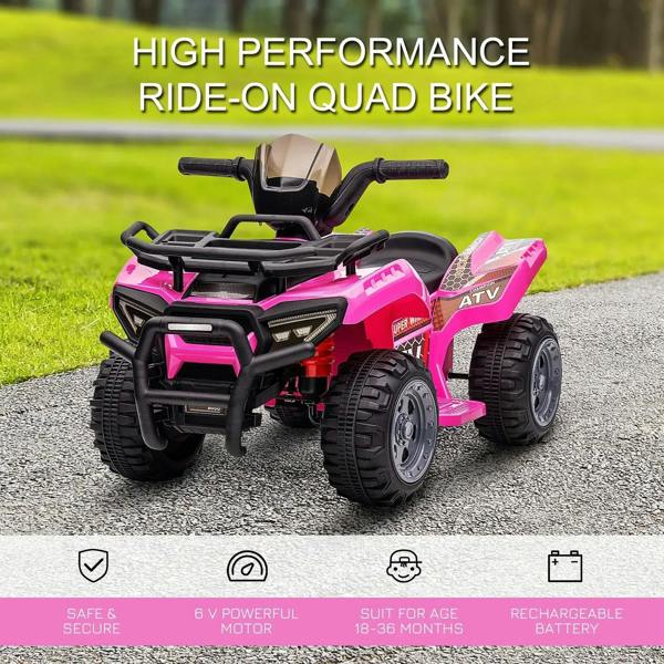 Pink kids electric ride-on quad bike with black front grille and sturdy handlebars