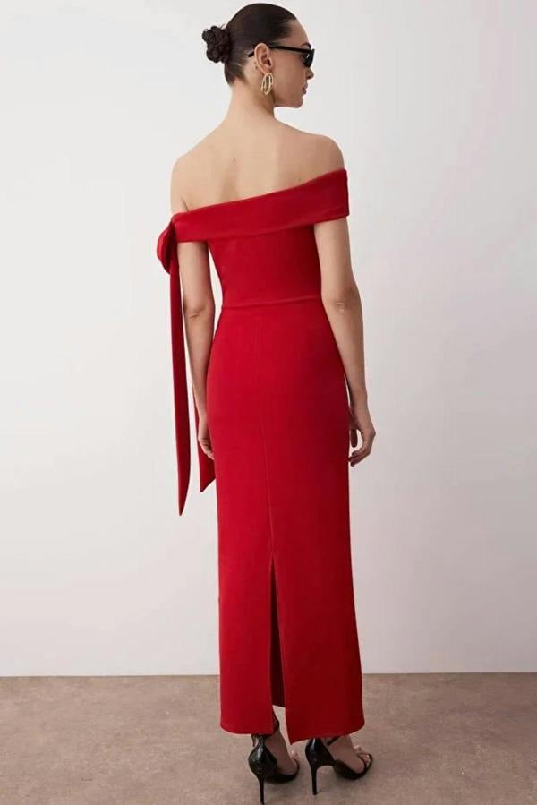 Hoxton Gal Elegant Fitted Knit Evening Dress with Shoulder Bow Detail