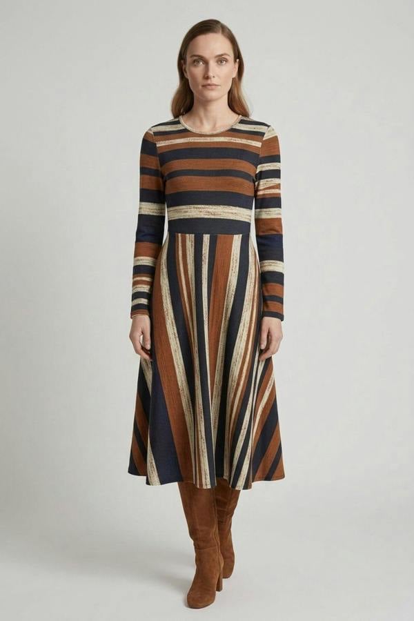 Brown | Striped Long Sleeve A-Line Midi Dress