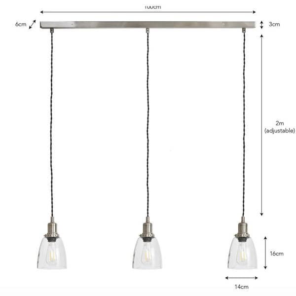 A technical product dimension diagram of the 3-light glass linear ceiling bar showing height, width, and shade measurements against a white background by Abode Home & Gifts.