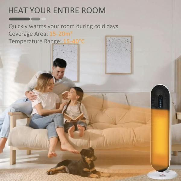 White ceramic tower space heater emitting warm heat glow on floor base