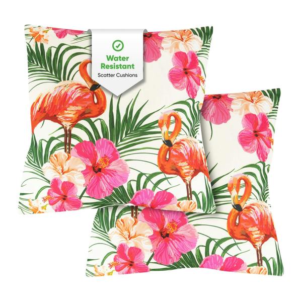 Gardenwize Pair of Outdoor Scatter Cushions – Flamingo Palm Print Design