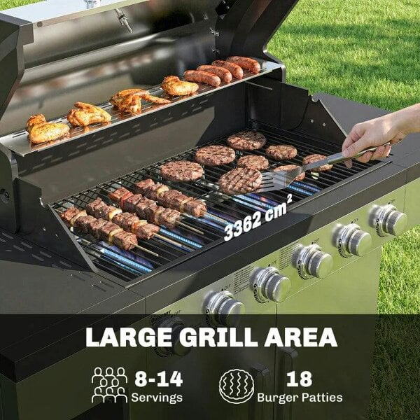 Bobobiy 6 Burner Liquid Propane Gas BBQ Grill, Outdoor Portable Gas Barbecue Grill with Warming Rack, Side Tables, Cabinet