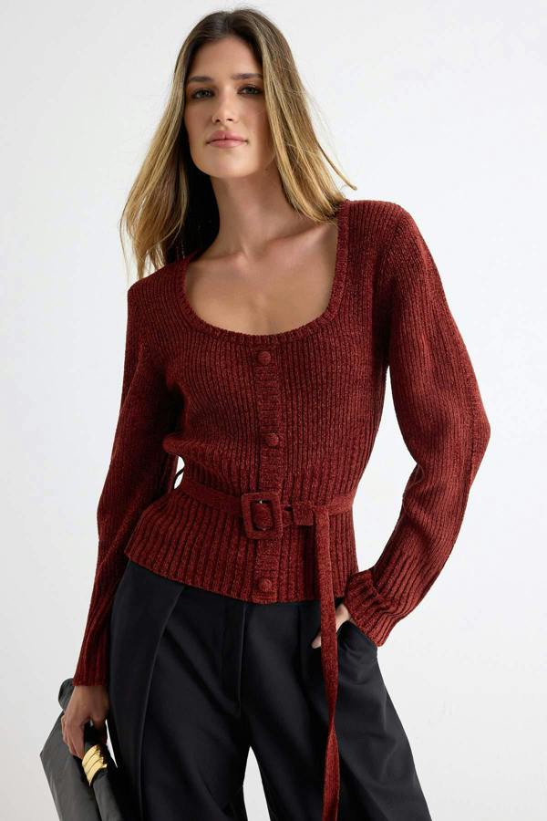 Chenille Long Sleeve Belted Knitted Sweater