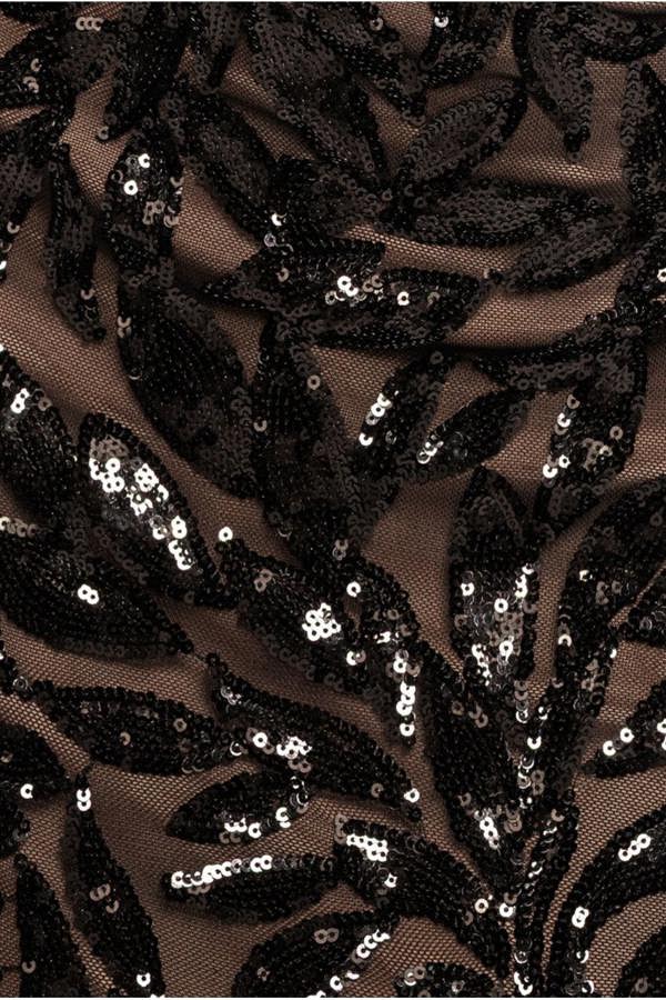 Sequin Leaf Long Sleeve Maxi Dress - Black DR4359