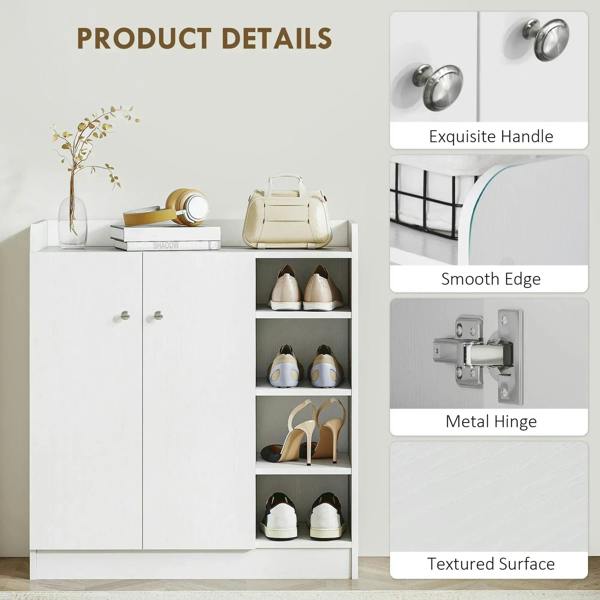 White shoe storage cabinet details: handles, smooth edges, metal hinges, textured surface.