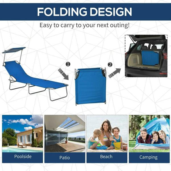 Blue folding sun lounger with canopy shade and 4-level adjustable backrest