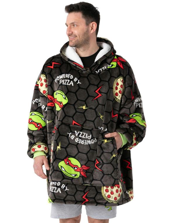 Teenage Mutant Ninja Turtles Mens Grey POWERED BY PIZZA Blanket Hoodie (One Size)