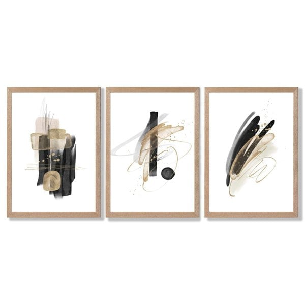 Set of 3 Abstract Black and Gold Fiesta Framed Art Prints with Light Oak Frames