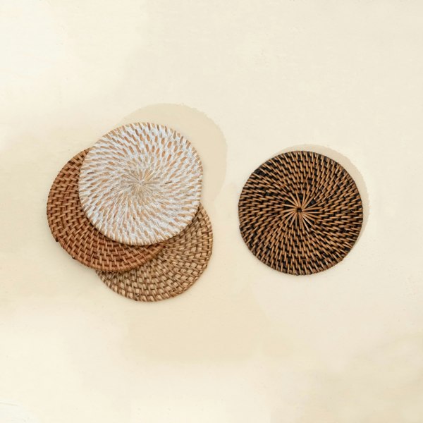 Honey brown round rattan coaster lifestyle handwoven wicker table
