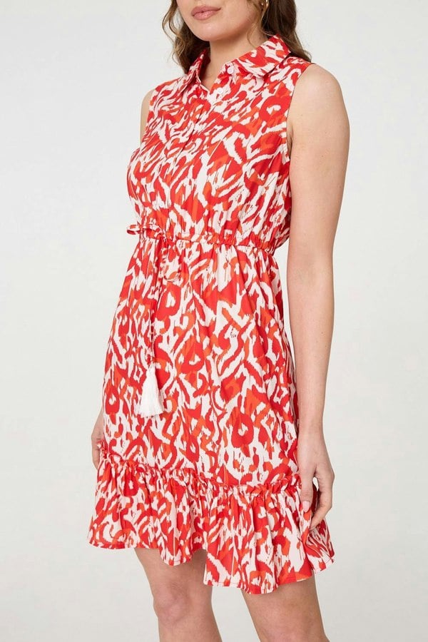 Orange | Printed Sleeveless Short Shirt Dress
